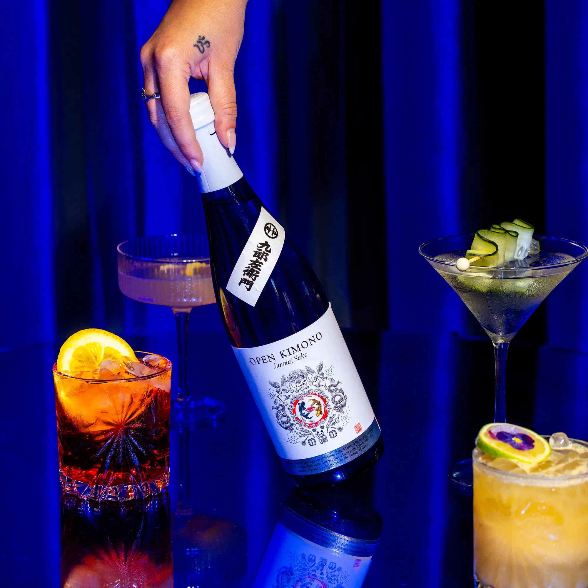 Open Kimono Sake bottle with drinks